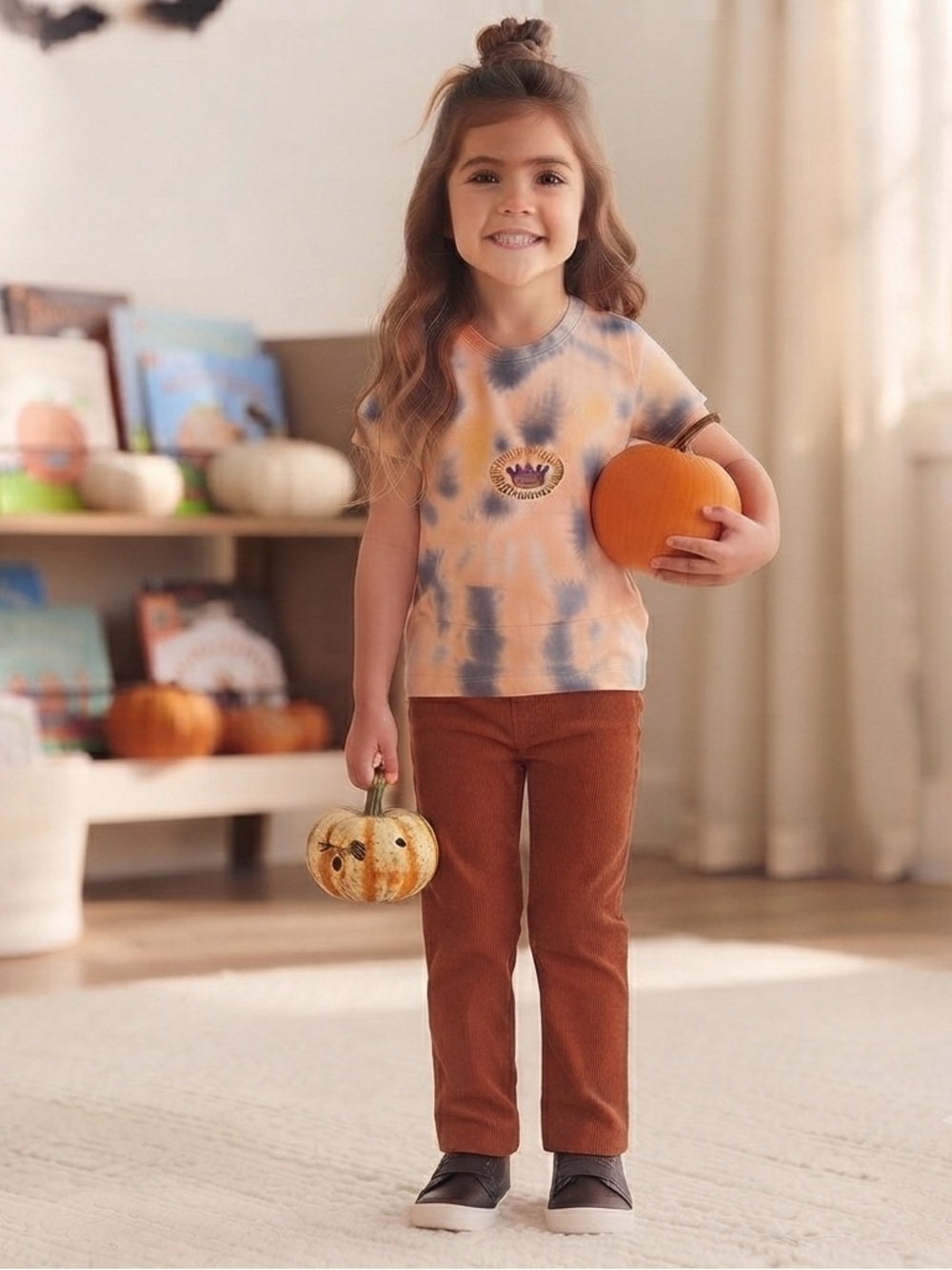Hand Embroidered & Tie Dyed Pumpkin Princess Girl T-Shirt
